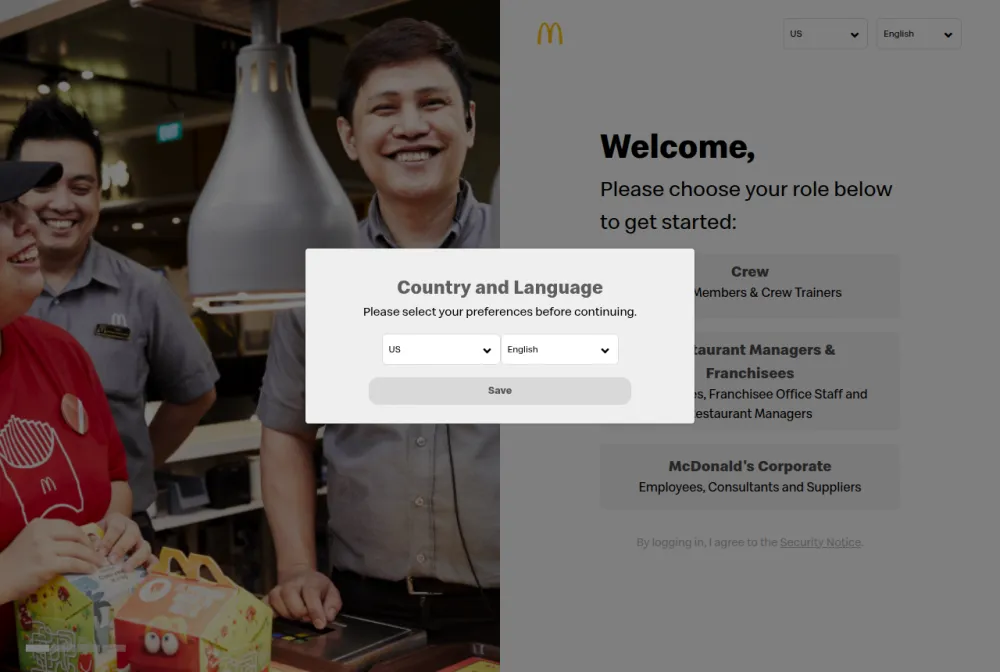 Mcdonald's employee login portal screenshot