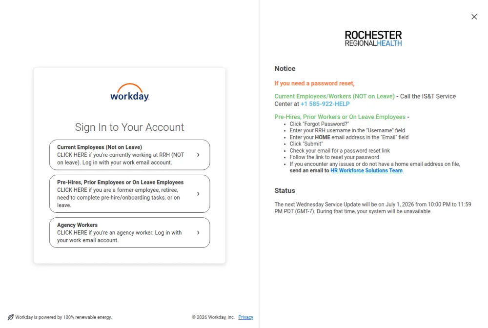 Rochester Regional Health employee login portal screenshot